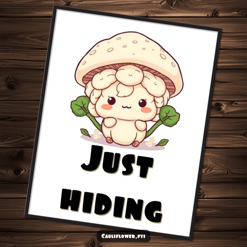 Funny Kawaii cauliflower hiding behind a giant mushroom cap, a high-resolution humorous digital art print.