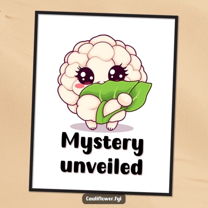 Funny Kawaii cauliflower digital art print of a veggie with big, sparkling eyes peeking from behind a leaf, full of charm.