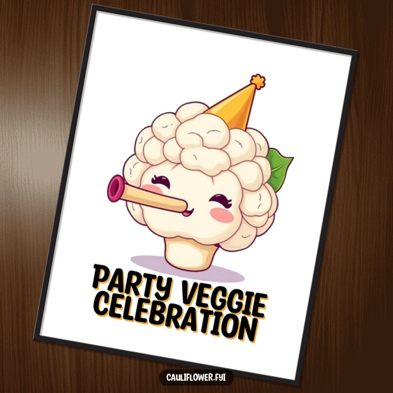 Funny Cauliflower Digital Art Print of a festive veggie wearing a party hat and blowing a horn, perfect for celebratory decor.