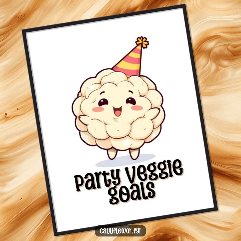 Funny cauliflower character wearing a party hat, spinning gleefully in a digital art print, capturing a moment of pure, uninhibited celebration and joy.