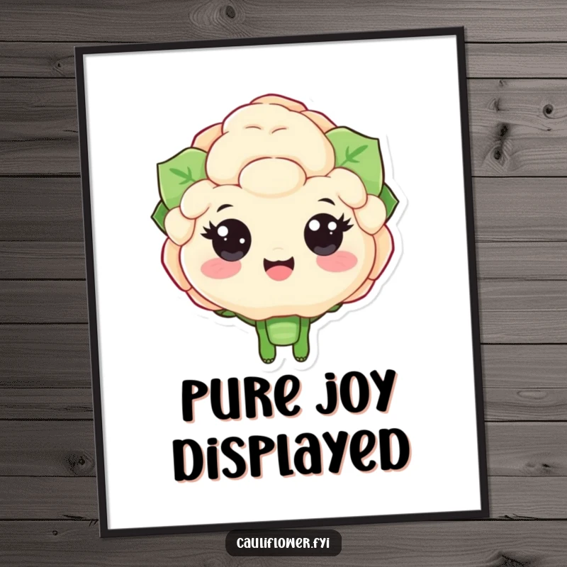 Funny digital art print of a cauliflower character with large happy eyes cheering, ideal for adding vibrant and humorous energy.