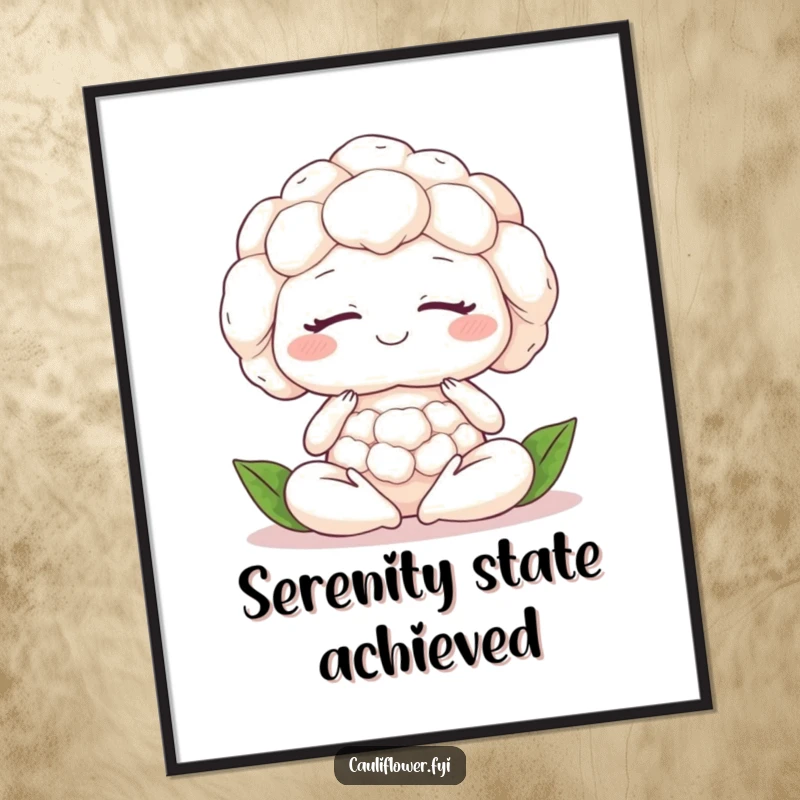 Funny cauliflower meditating with closed eyes and a peaceful smile, ready to bring calm to your digital frame.