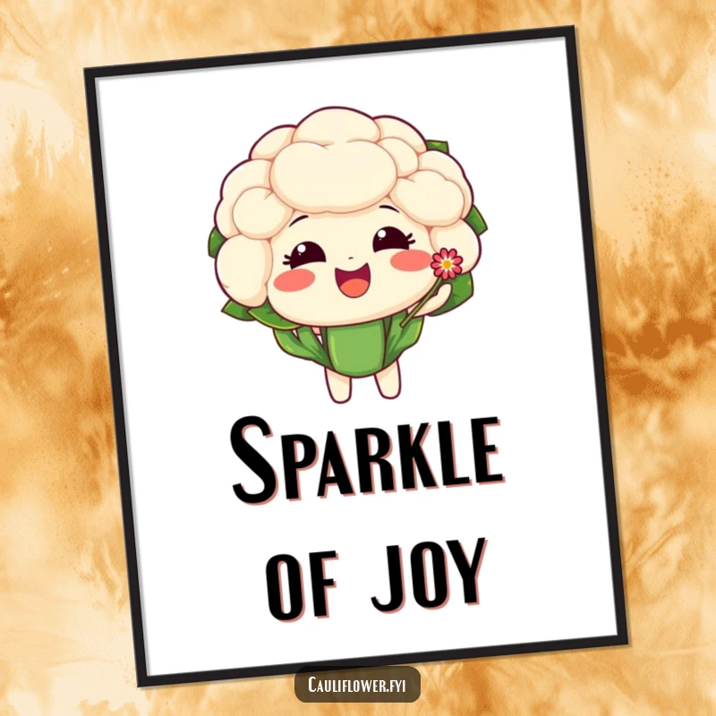 Funny digital art print of a cauliflower character with a delighted expression, offering a tiny, sparkling flower.