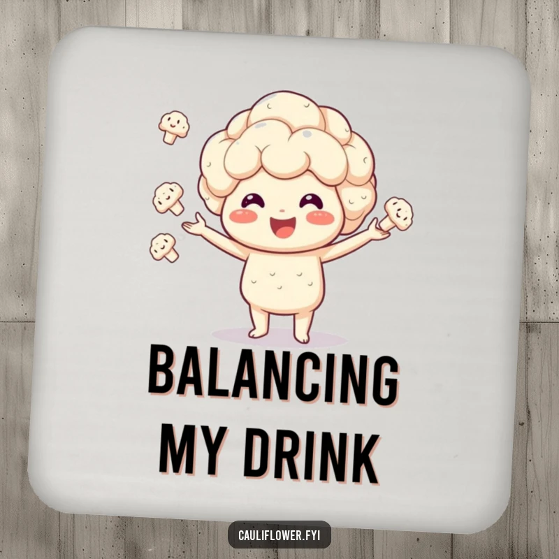 Funny Kawaii cauliflower coaster with a smiling veggie juggling florets with enthusiasm, protecting surfaces in style.
