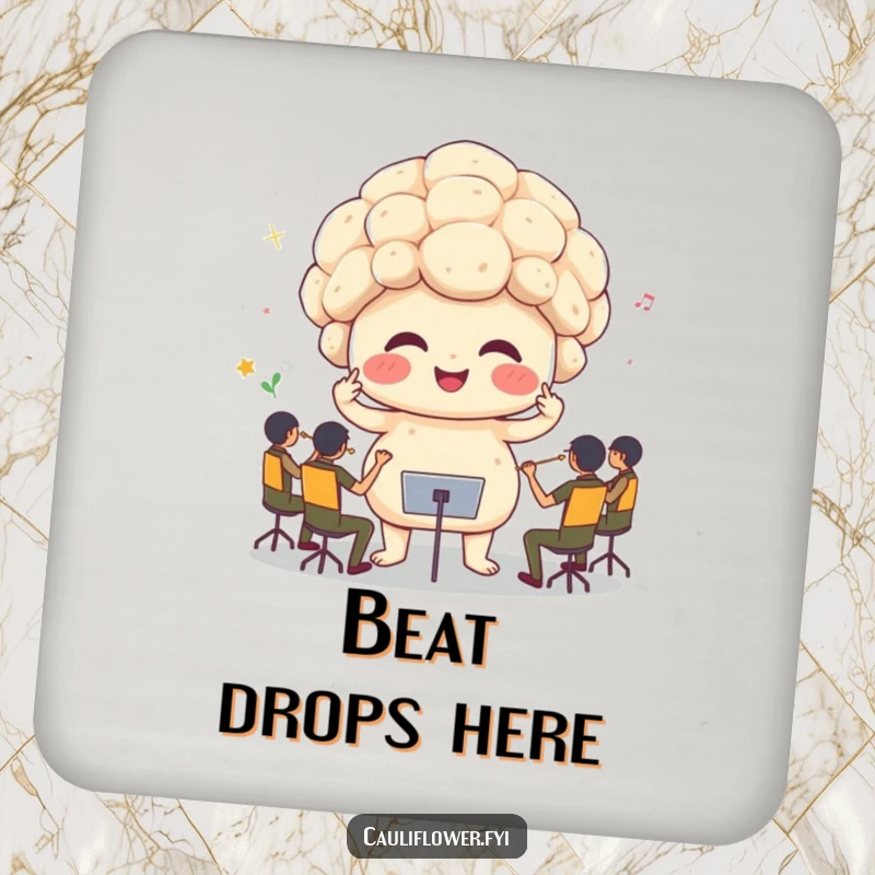 Funny cauliflower conducting a tiny orchestra on a drink coaster, adding humor to any surface.