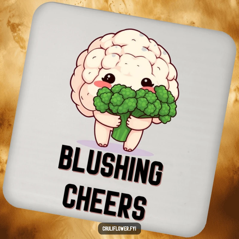 Funny drink coaster featuring a shy, blushing kawaii cauliflower holding a bouquet of broccoli, bringing gentle veggie cheer.