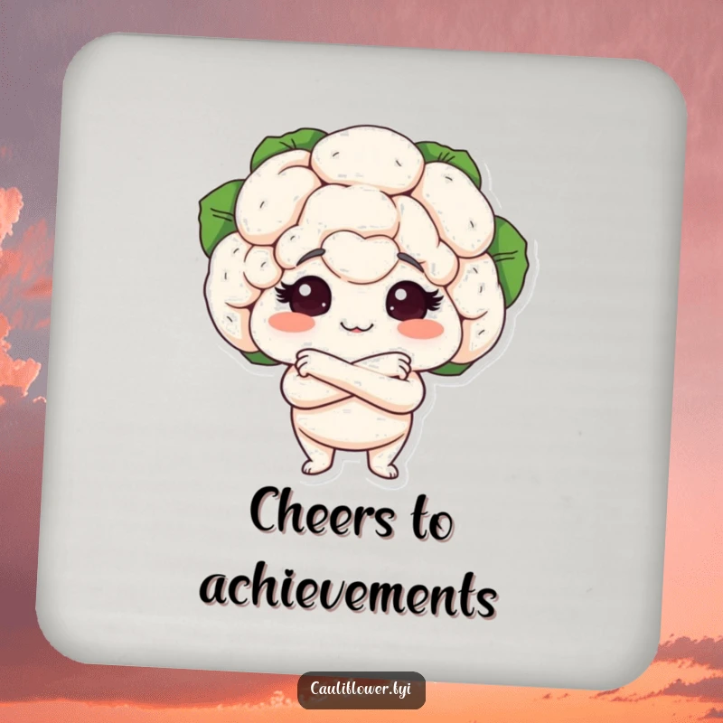 Funny drink coaster showcasing a cauliflower head with arms crossed proudly, perfect for adding confident and humorous protection to tables.