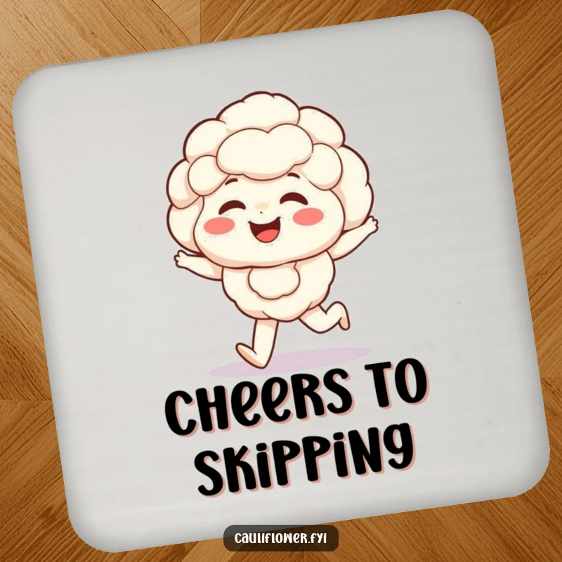Funny Kawaii cauliflower coaster with a giggling veggie with rosy cheeks happily skipping, protecting surfaces with joy.