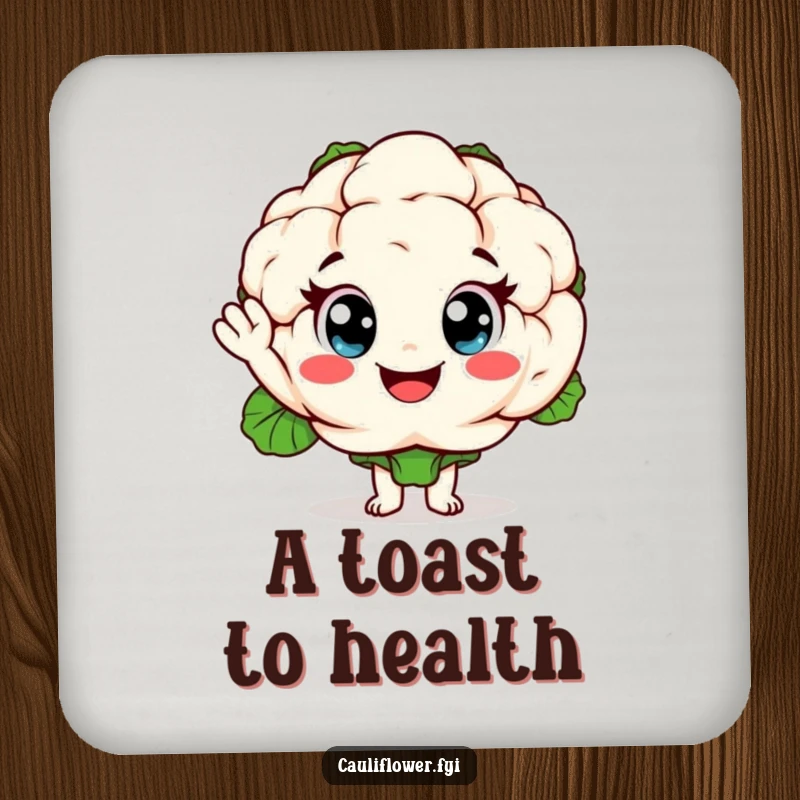 Funny cauliflower coasters featuring a cheerful vegetable character waving hello, protecting surfaces with a touch of humor and charm.