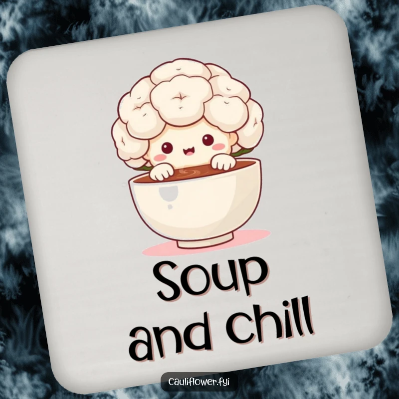 Funny cauliflower character peeking over a tiny steaming bowl with delight on a drink coaster, providing surface protection with a humorous foodie theme.
