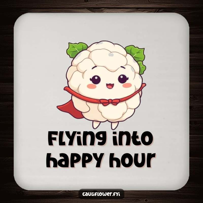 Funny drink coasters featuring a cauliflower wearing a cape and pretending to fly, adding a humorous and heroic touch to drinks.