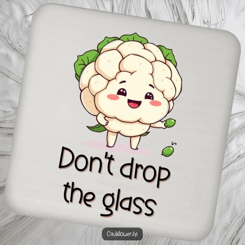 Funny cauliflower juggling peas with a silly grin on a coaster, adding humor to any setting.