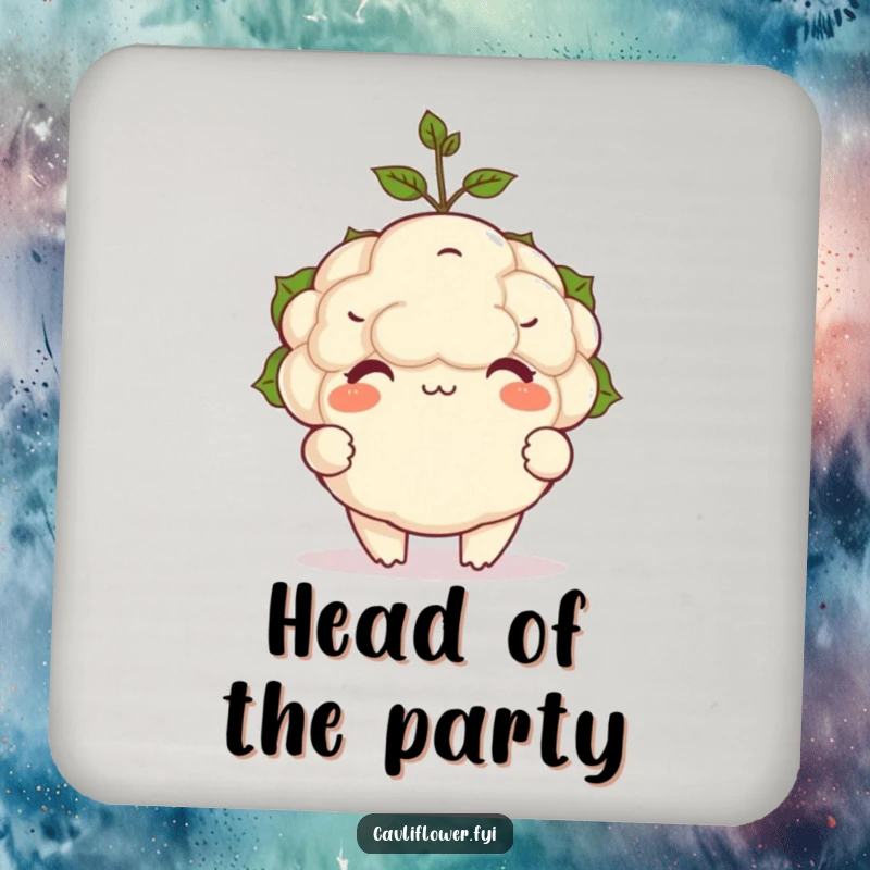 Funny coasters featuring a plump, happy cauliflower character balancing a tiny sprout on its head.