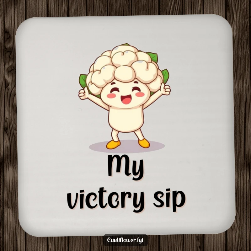 Funny cauliflower character, winner of a vegetable race, featured on drink coasters, protecting furniture with a smile.