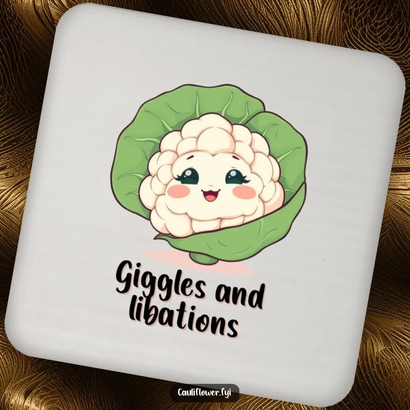 Funny Cauliflower Coaster featuring a shy veggie peeking from behind a leaf, giggling, offering humorous protection.