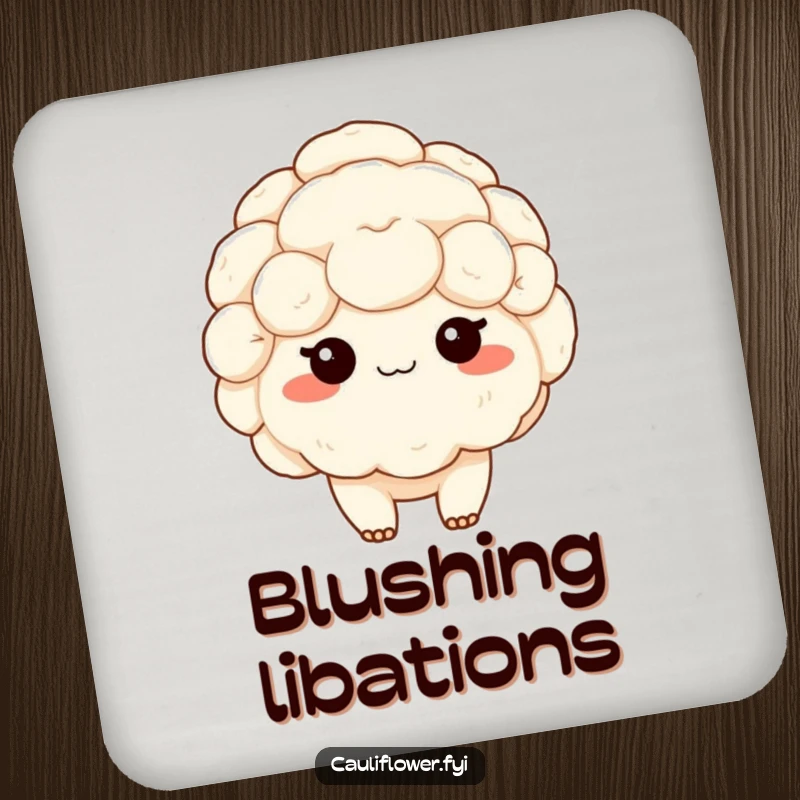 Funny drink coaster with a shy kawaii cauliflower blushing, perfect for protecting surfaces with sweet charm and bashful humor.
