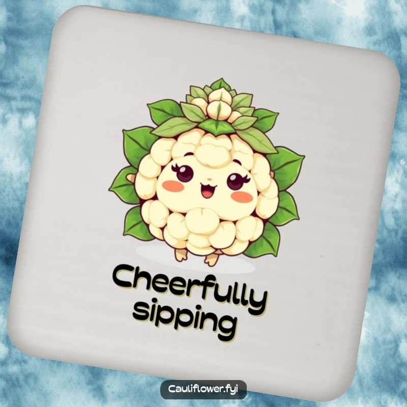 Funny happy Kawaii cauliflower cheering with a leafy pom-pom, a humorous and protective drink coaster.