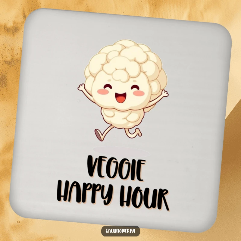Funny drink coaster featuring a fluffy, kawaii cauliflower character joyfully skipping, adding veggie happiness to any table.