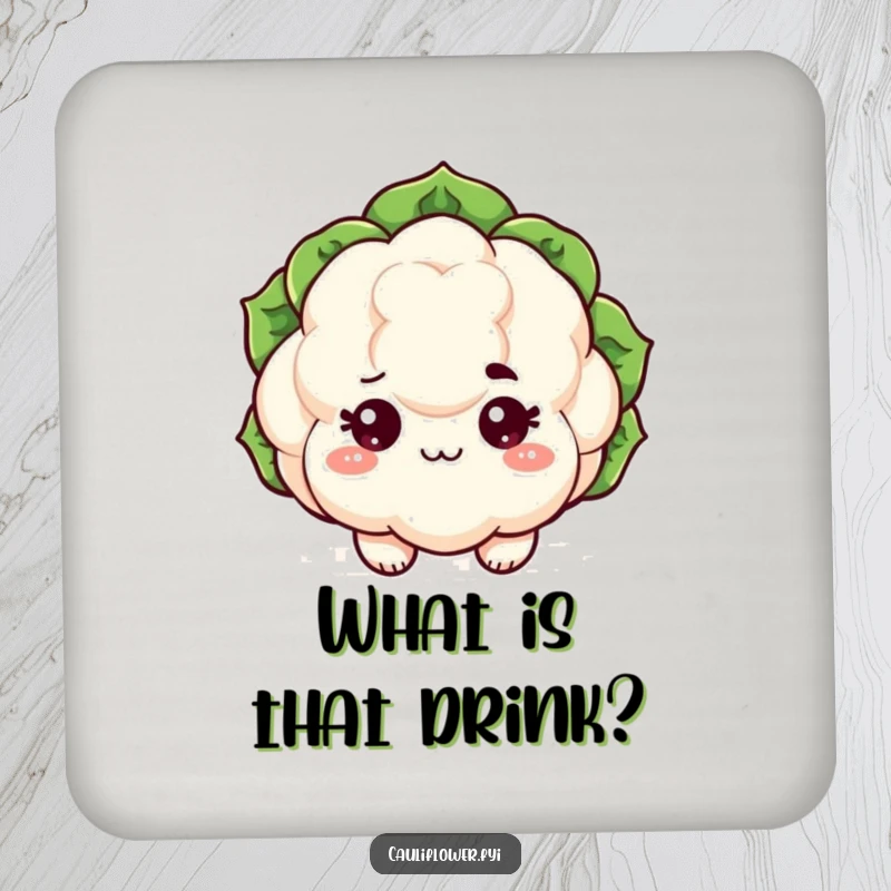Funny kawaii cauliflower coaster with sparkling eyes and a raised eyebrow, humorous table protection.