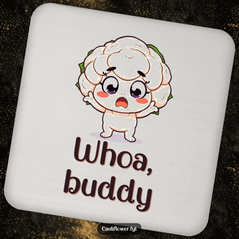 Funny Drink Coasters featuring a kawaii cauliflower character in a dramatic, surprised pose with wide eyes, offering humorous protection.