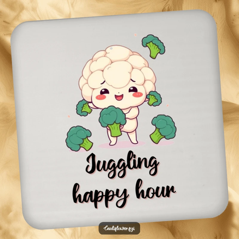 Funny coasters featuring a kawaii cauliflower juggling broccoli, protecting surfaces with playful skill.