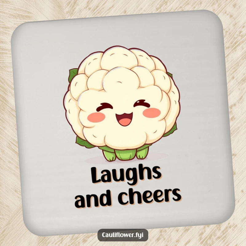 Funny drink coaster with a kawaii cauliflower showing exaggerated laughter lines, perfect for protecting surfaces with infectious joy and humor.