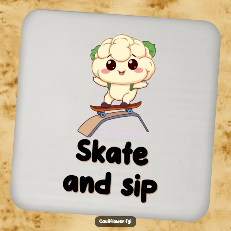 Funny coasters featuring a kawaii cauliflower riding a skateboard, protecting surfaces with skate-inspired humor.