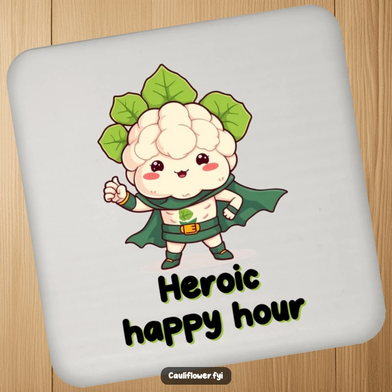Funny coasters featuring a kawaii cauliflower as a superhero, flexing a leafy arm, protecting surfaces with might.