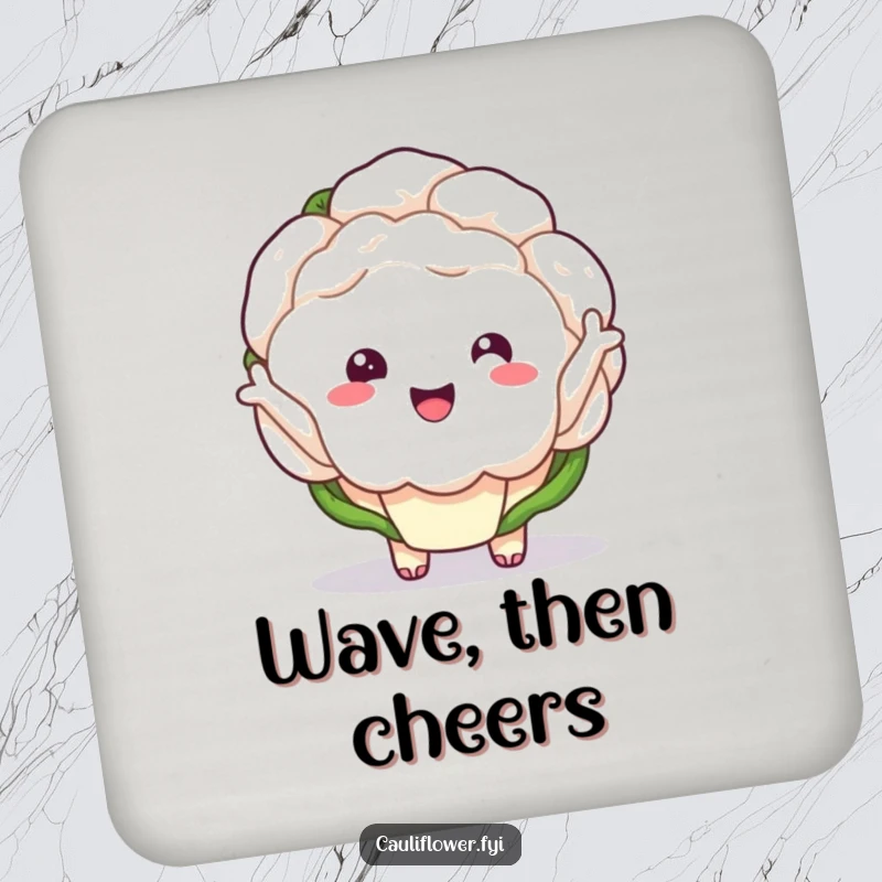 Funny kawaii cauliflower with tiny arms waving enthusiastically on a drink coaster.
