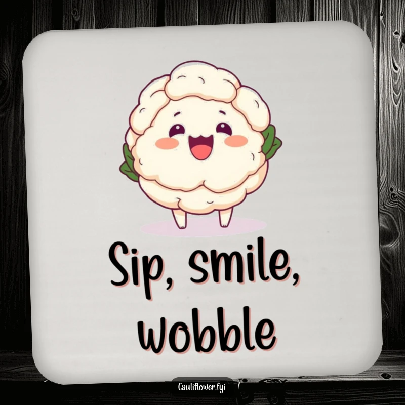 Funny Kawaii Cauliflower Coaster - A cute cartoon cauliflower doing a funny wobble, perfect for humorous drink protection.