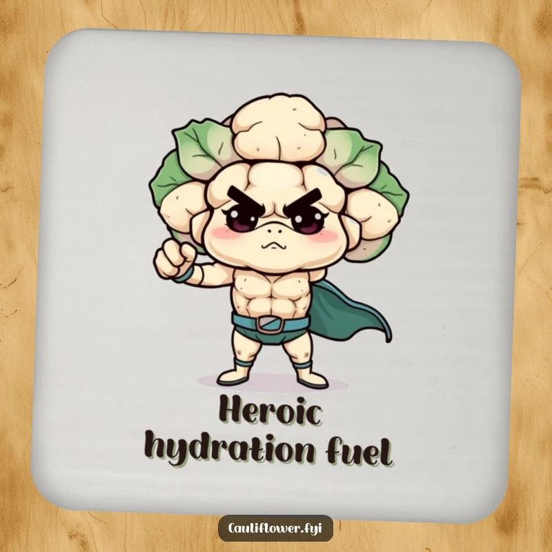 Funny Cauliflower Coaster featuring a determined veggie hero in a superhero pose, offering humorous protection for drinks.