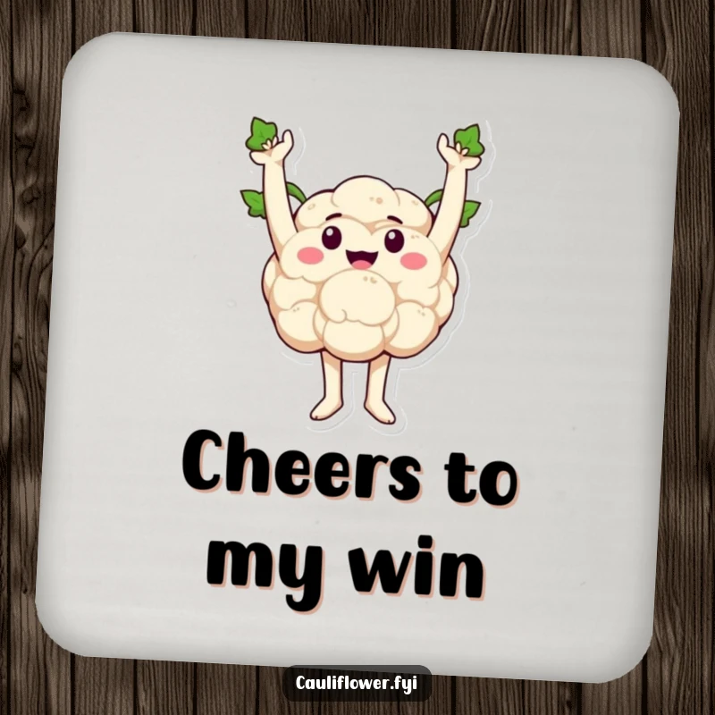 Funny cauliflower in a triumphant pose, sprout arms raised high, protecting surfaces with celebratory humor.