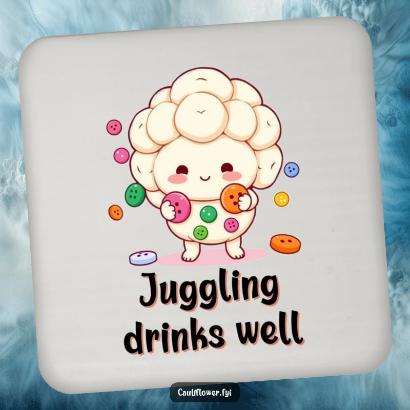 Funny Kawaii cauliflower character cheerfully juggling colorful buttons on a drink coaster, a miniature humorous artwork.