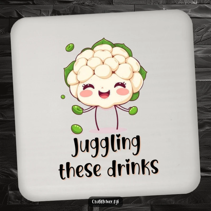 Funny Cauliflower Coaster featuring a happy veggie head juggling peas, offering humorous protection for drinks.