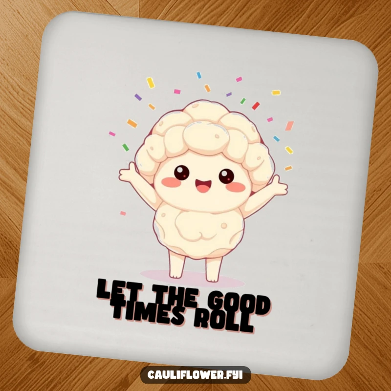 Funny Kawaii cauliflower coaster with a joyful veggie spinning colorful confetti, protecting surfaces with a smile.