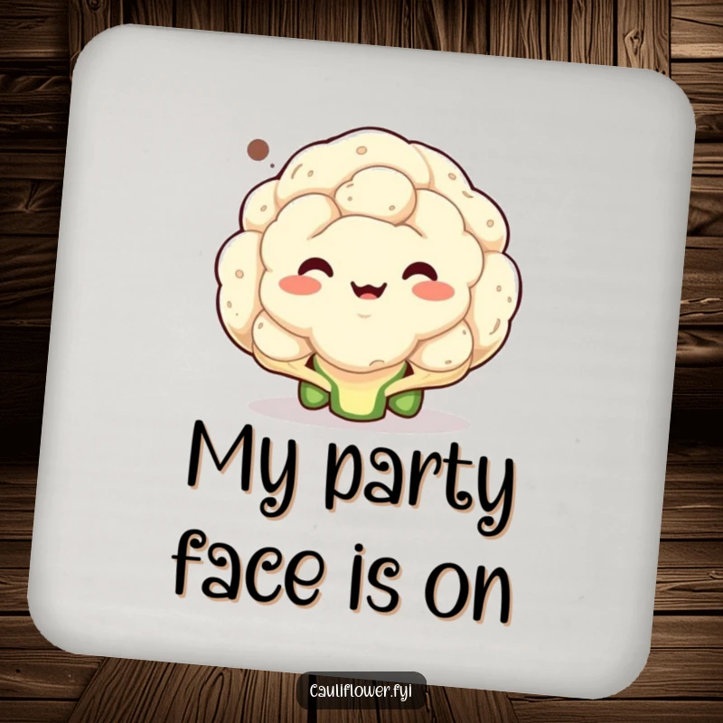 Funny drink coasters featuring a cauliflower making a bizarre face in a speech bubble, adding a humorous touch to beverages.