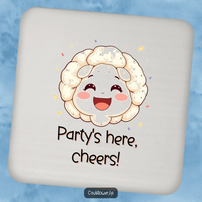 Funny coasters featuring a cauliflower face with rosy cheeks and a wide smile, throwing confetti.