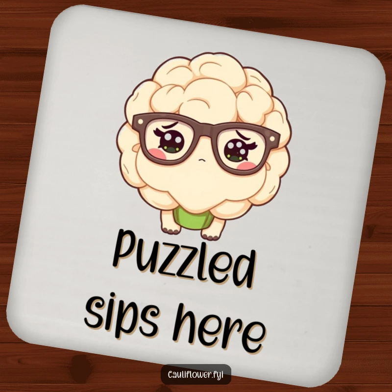 Funny kawaii cauliflower wearing oversized glasses and looking confused on a drink coaster.