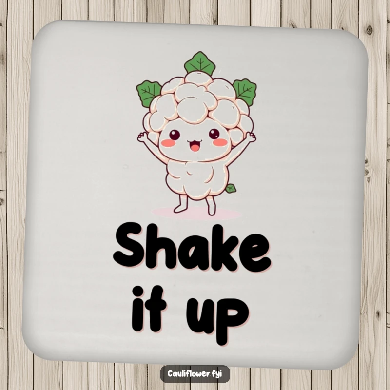 Funny Kawaii cauliflower character doing a silly dance, protecting a surface with a coaster, a miniature humorous artwork.