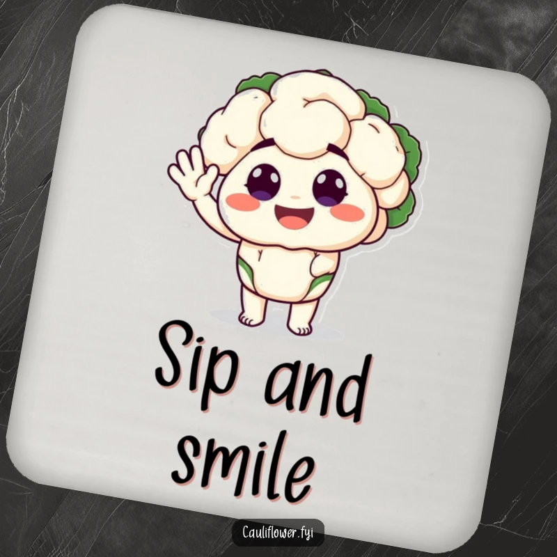 Funny drink coaster with a cauliflower character with big, happy eyes performing a silly wave, protecting surfaces with veggie charm.