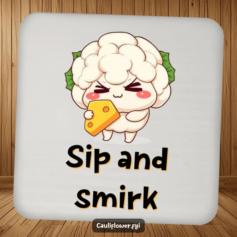 Funny Drink Coasters featuring a mischievous kawaii cauliflower character winking while holding a slice of cheese, offering humorous protection.