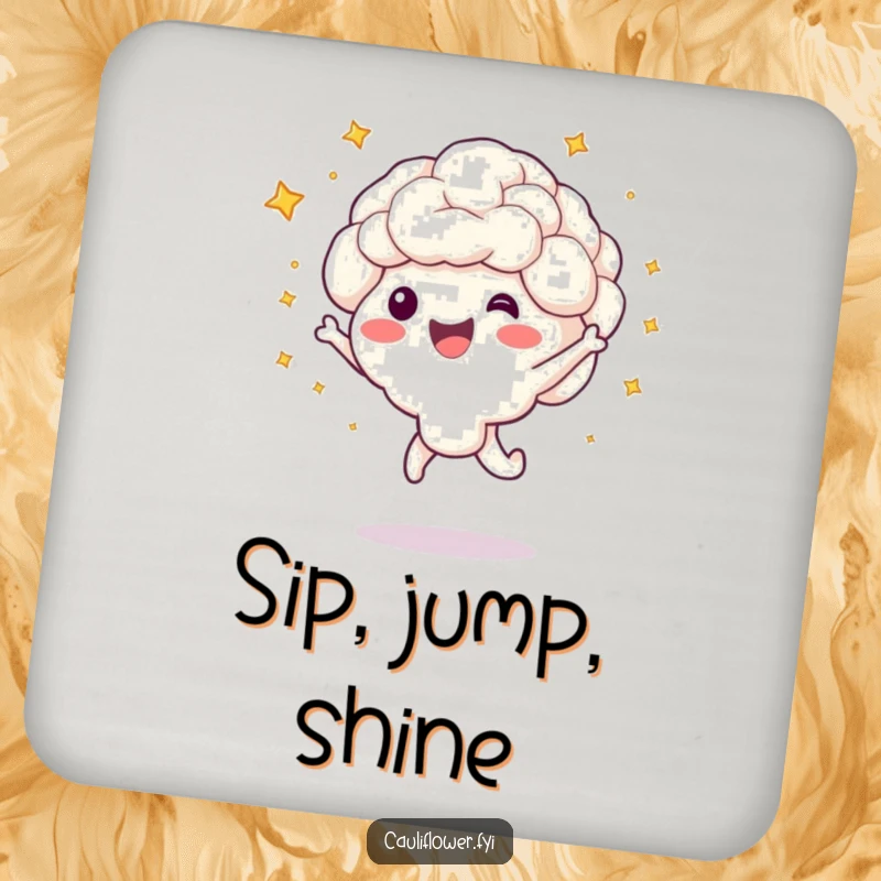 Funny drink coaster featuring a cauliflower character doing a happy jump, with little stars bursting around it.