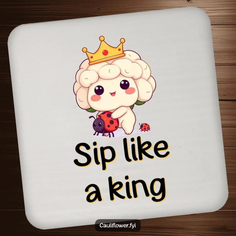 Funny Kawaii cauliflower character wearing a crown, riding a ladybug on a drink coaster, a miniature royal artwork.