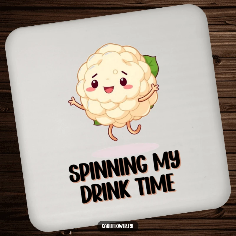 Funny drink coasters with a cauliflower doing a silly dance, its legs wobbling precariously, adding a touch of humor to drinks.