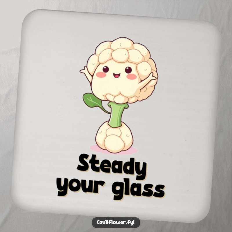 Funny drink coaster featuring a cauliflower character perfectly balanced on one floret, arms outstretched.