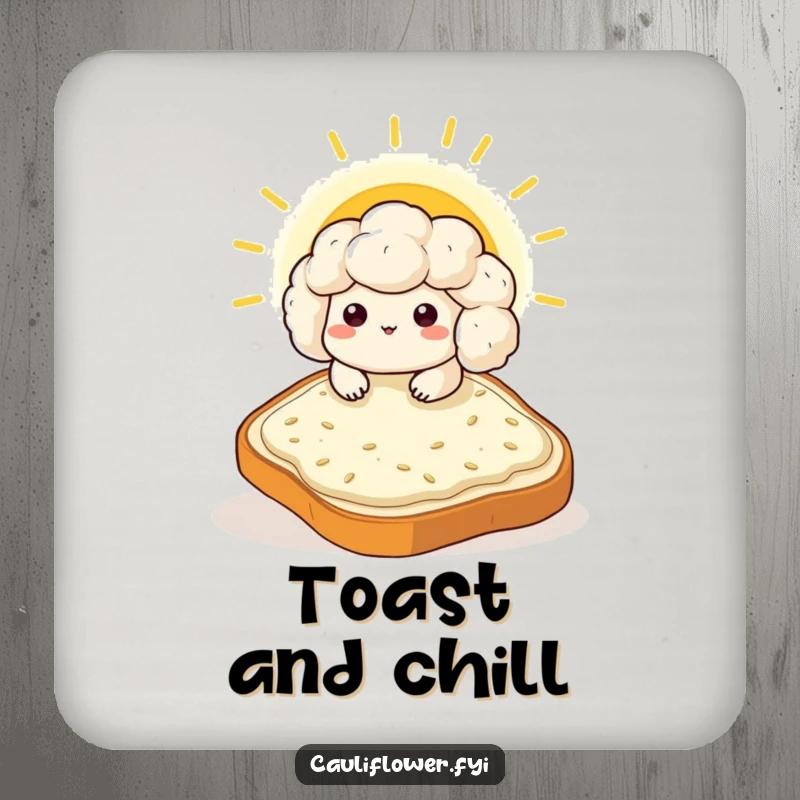 Funny Kawaii cauliflower sunbathing on a giant toast slice, a humorous and protective drink coaster.