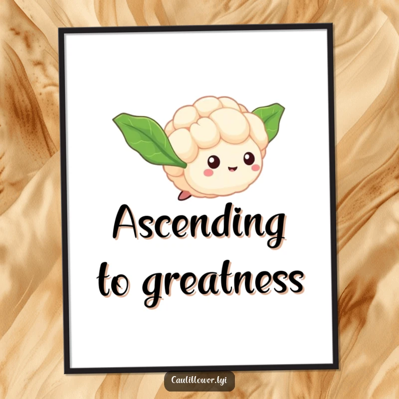 Funny Cauliflower Floret Poster with a tiny veggie and leaf wings, humorously attempting flight and symbolizing aspirations.