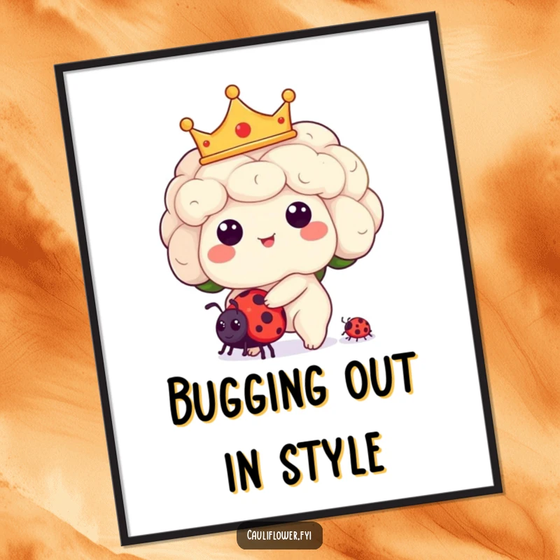 Funny Kawaii cauliflower character wearing a crown, riding a tiny ladybug, illustrated as a humorous wall art print.