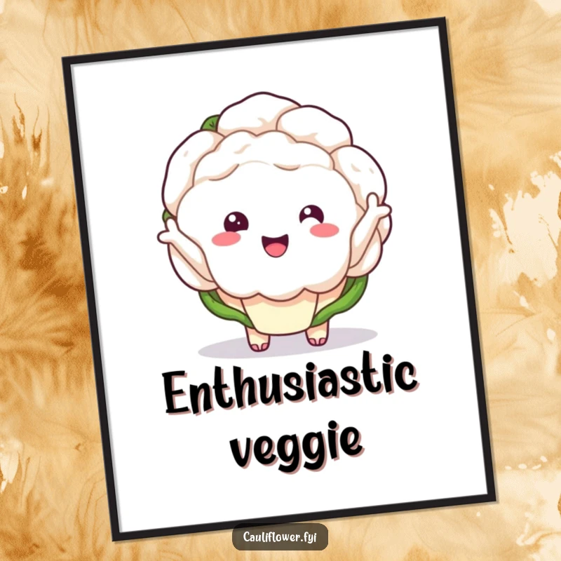 Funny kawaii cauliflower with tiny arms waving enthusiastically on a poster.