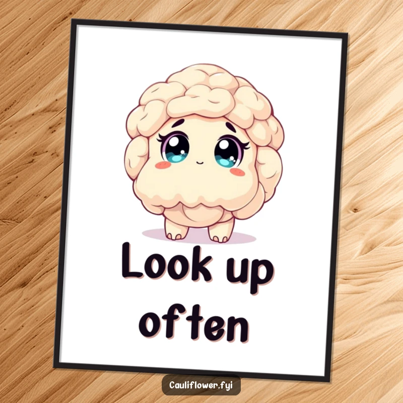 Funny poster of a cauliflower character gazing upwards with wide, sparkling, awestruck eyes, captivated by an unseen marvel.